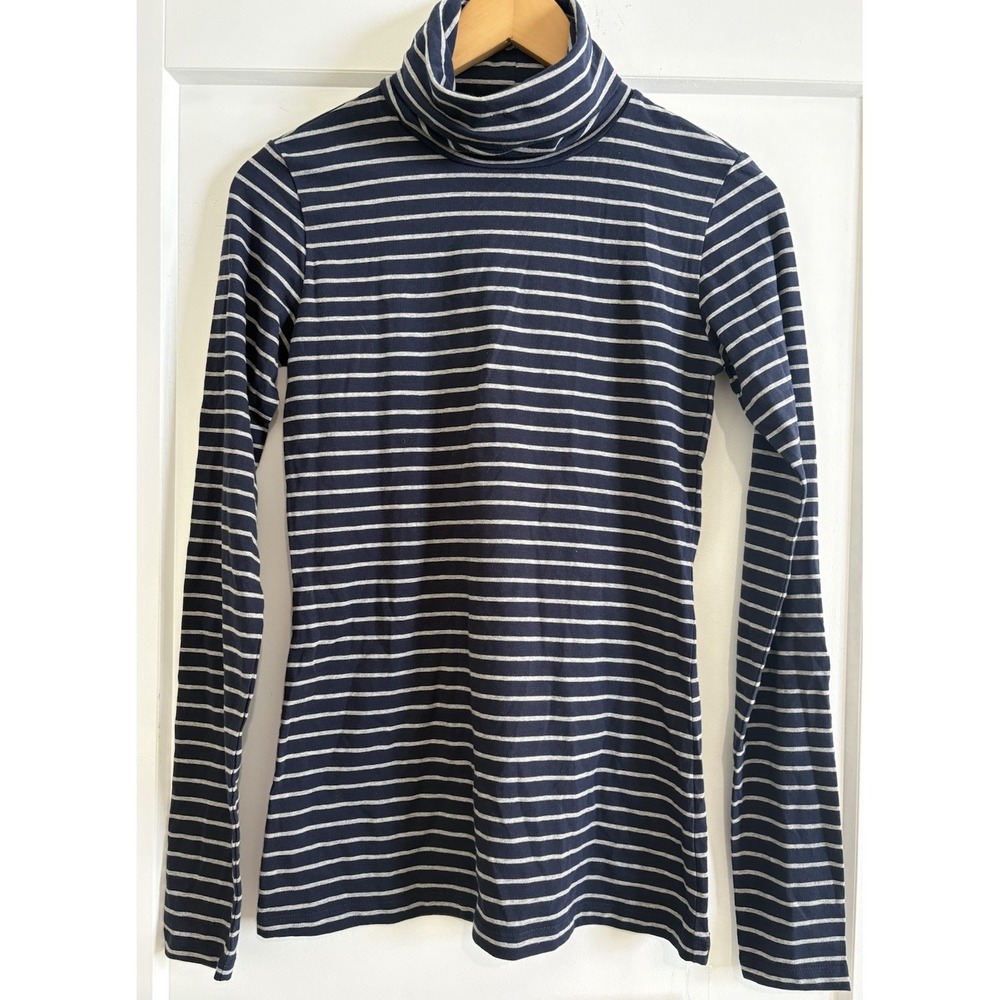 NWT MEC Womens XS Striped Turtleneck Long Sleeve Tee Navy Grey Fair Trade Cotton